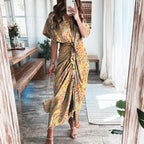 Women Summer Short Sleeve Slit Long Dress Turn-down Collar Elegant Button Draped Party Dresses nowadaysfashion