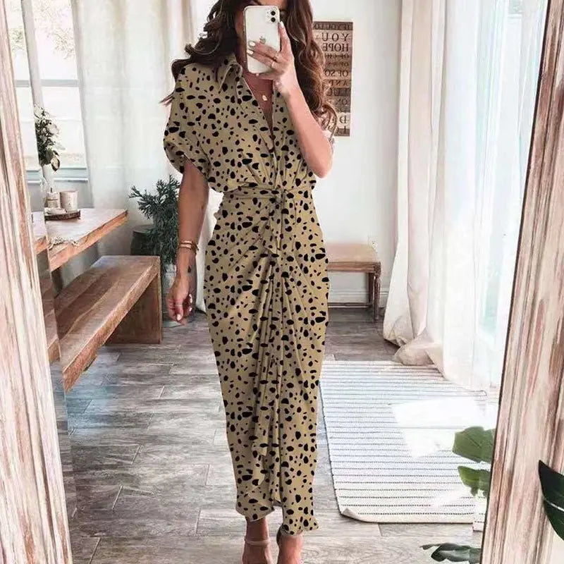 Women Summer Short Sleeve Slit Long Dress Turn-down Collar Elegant Button Draped Party Dresses - Blade & Thread