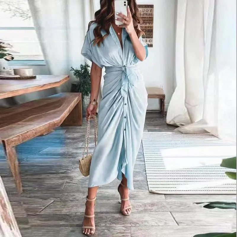 Women Summer Short Sleeve Slit Long Dress Turn-down Collar Elegant Button Draped Party Dresses nowadaysfashion