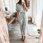 Women Summer Short Sleeve Slit Long Dress Turn-down Collar Elegant Button Draped Party Dresses nowadaysfashion