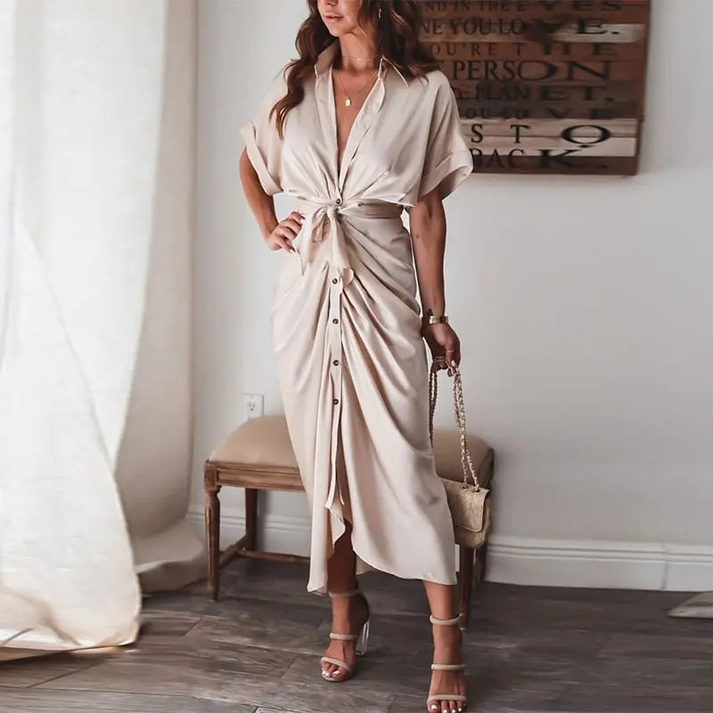 Women Summer Short Sleeve Slit Long Dress Turn-down Collar Elegant Button Draped Party Dresses - Blade & Thread