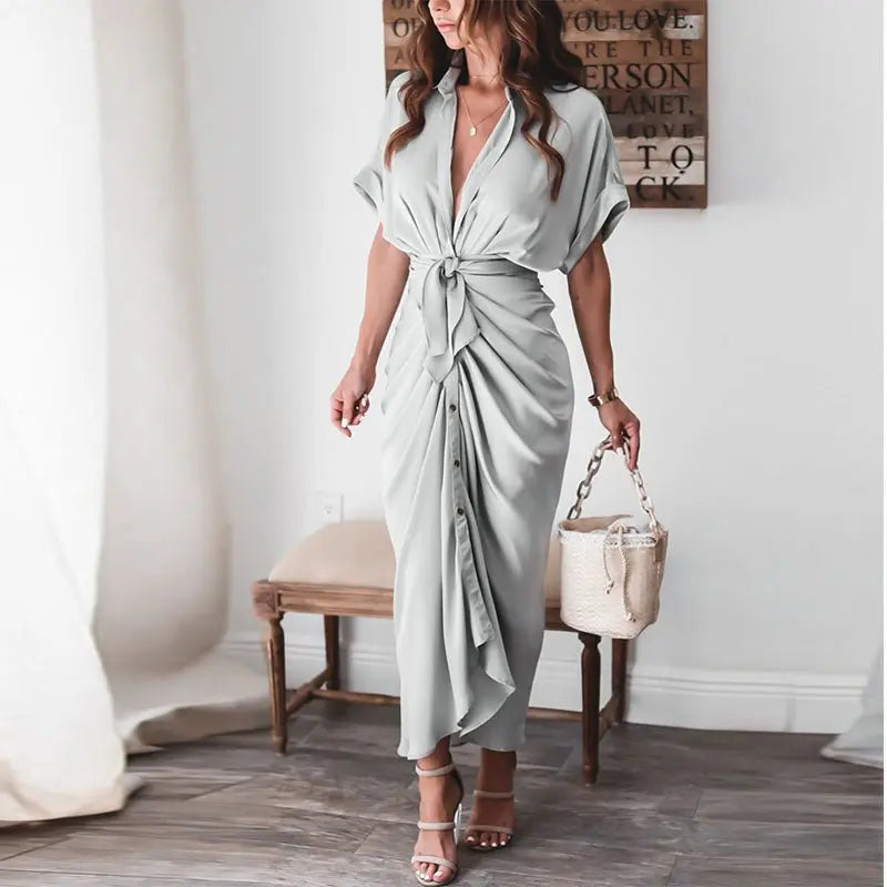 Women Summer Short Sleeve Slit Long Dress Turn-down Collar Elegant Button Draped Party Dresses - Blade & Thread