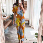 Women Summer Short Sleeve Slit Long Dress Turn-down Collar Elegant Button Draped Party Dresses nowadaysfashion