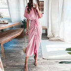 Women Summer Short Sleeve Slit Long Dress Turn-down Collar Elegant Button Draped Party Dresses nowadaysfashion