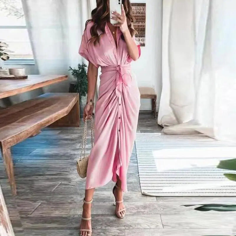Women Summer Short Sleeve Slit Long Dress Turn-down Collar Elegant Button Draped Party Dresses - Blade & Thread