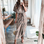 Women Summer Short Sleeve Slit Long Dress Turn-down Collar Elegant Button Draped Party Dresses nowadaysfashion