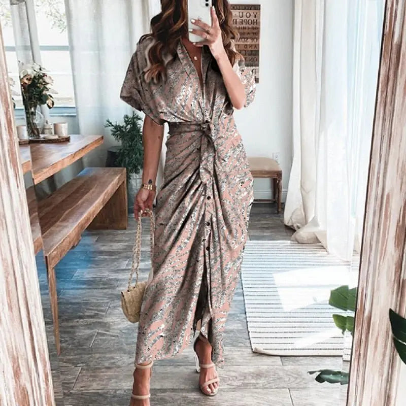 Women Summer Short Sleeve Slit Long Dress Turn-down Collar Elegant Button Draped Party Dresses nowadaysfashion
