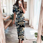 Women Summer Short Sleeve Slit Long Dress Turn-down Collar Elegant Button Draped Party Dresses nowadaysfashion