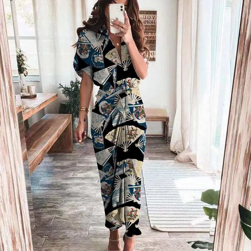 Women Summer Short Sleeve Slit Long Dress Turn-down Collar Elegant Button Draped Party Dresses nowadaysfashion