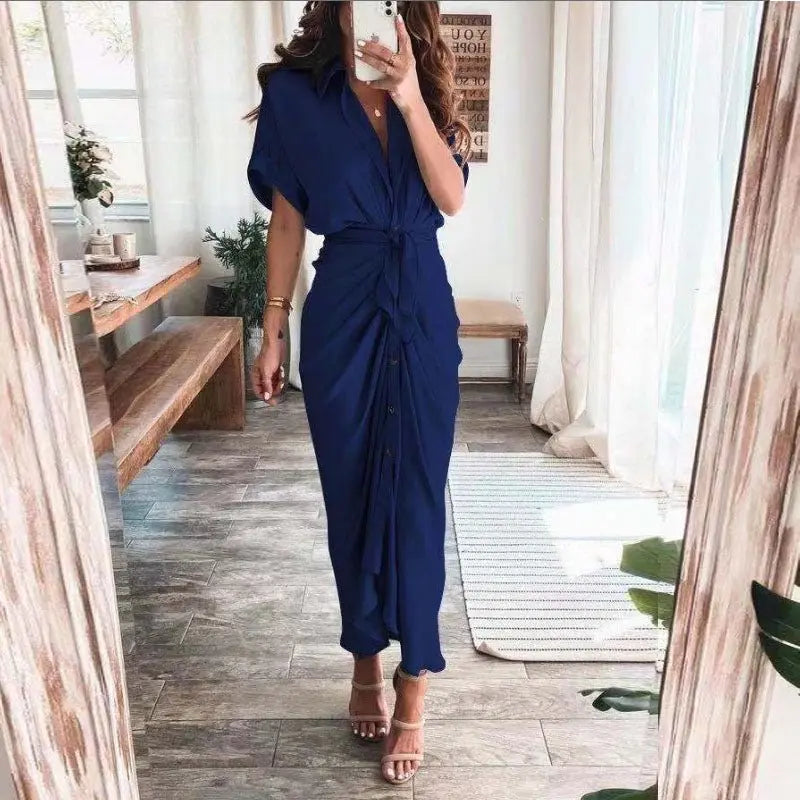 Women Summer Short Sleeve Slit Long Dress Turn-down Collar Elegant Button Draped Party Dresses - Blade & Thread