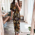 Women Summer Short Sleeve Slit Long Dress Turn-down Collar Elegant Button Draped Party Dresses nowadaysfashion