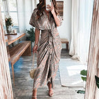 Women Summer Short Sleeve Slit Long Dress Turn-down Collar Elegant Button Draped Party Dresses nowadaysfashion
