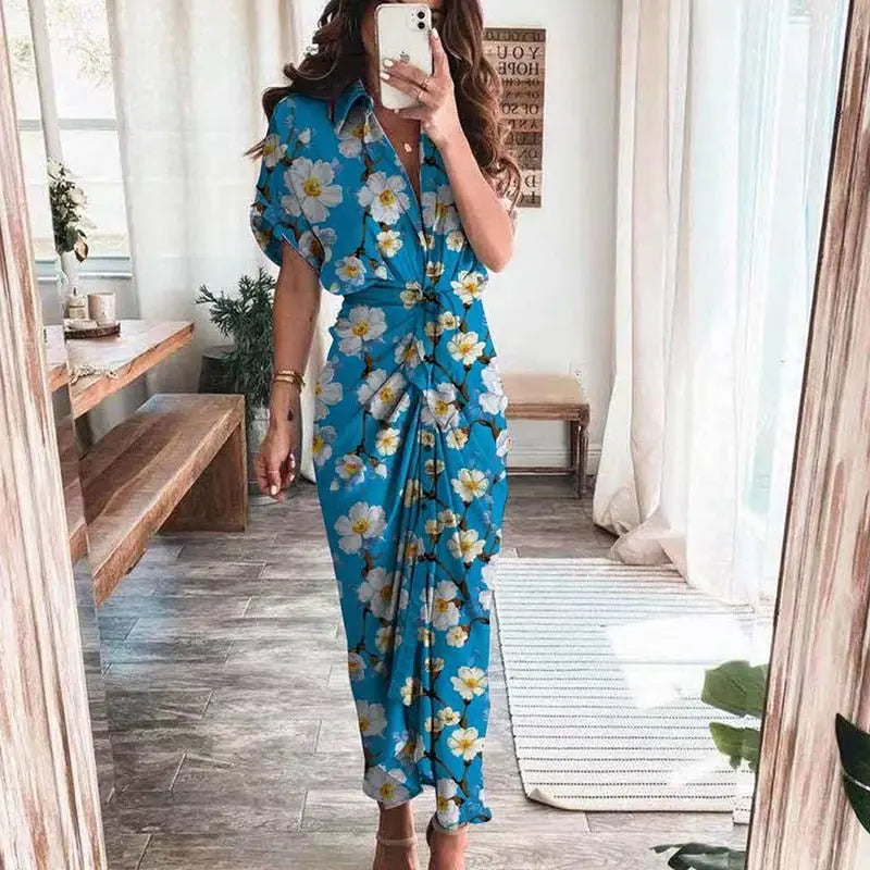 Women Summer Short Sleeve Slit Long Dress Turn-down Collar Elegant Button Draped Party Dresses - Blade & Thread