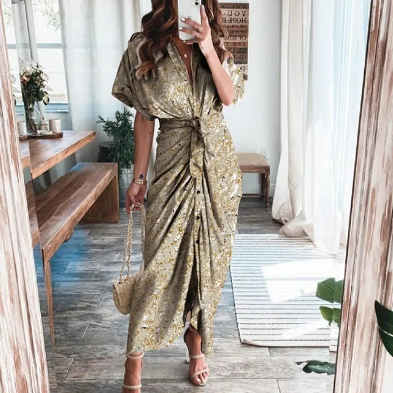 Women Summer Short Sleeve Slit Long Dress Turn-down Collar Elegant Button Draped Party Dresses - Blade & Thread