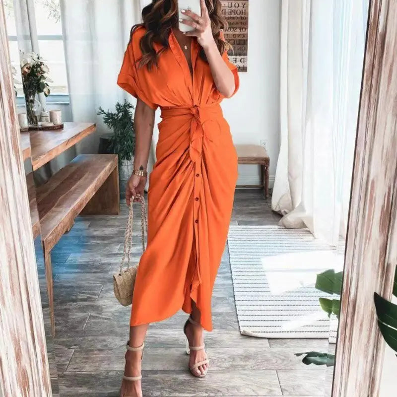 Women Summer Short Sleeve Slit Long Dress Turn-down Collar Elegant Button Draped Party Dresses nowadaysfashion