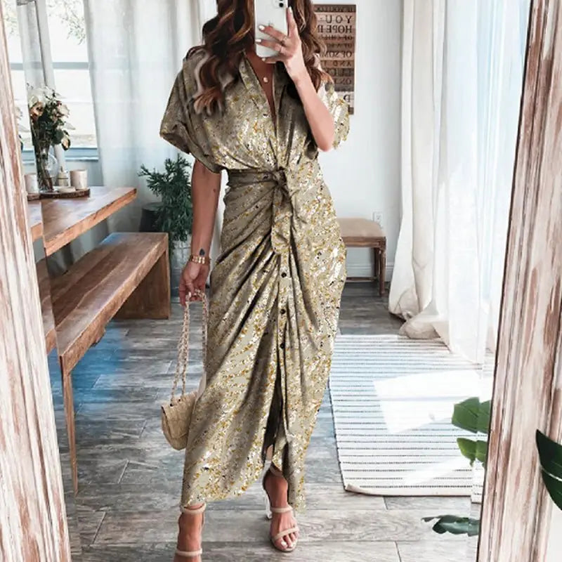 Women Summer Short Sleeve Slit Long Dress Turn-down Collar Elegant Button Draped Party Dresses - Blade & Thread