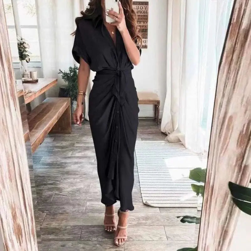 Women Summer Short Sleeve Slit Long Dress Turn-down Collar Elegant Button Draped Party Dresses nowadaysfashion