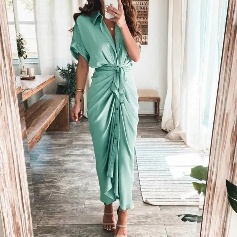 Women Summer Short Sleeve Slit Long Dress Turn-down Collar Elegant Button Draped Party Dresses - Blade & Thread