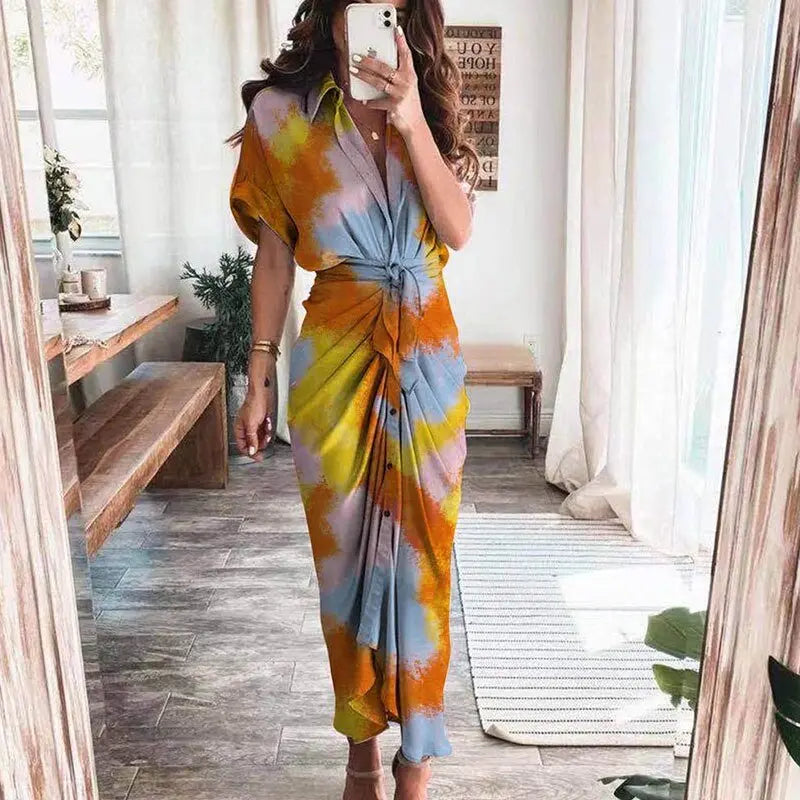 Women Summer Short Sleeve Slit Long Dress Turn-down Collar Elegant Button Draped Party Dresses - Blade & Thread