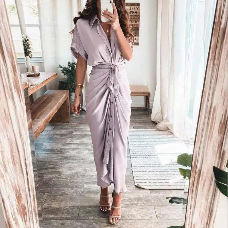 Women Summer Short Sleeve Slit Long Dress Turn-down Collar Elegant Button Draped Party Dresses - Blade & Thread