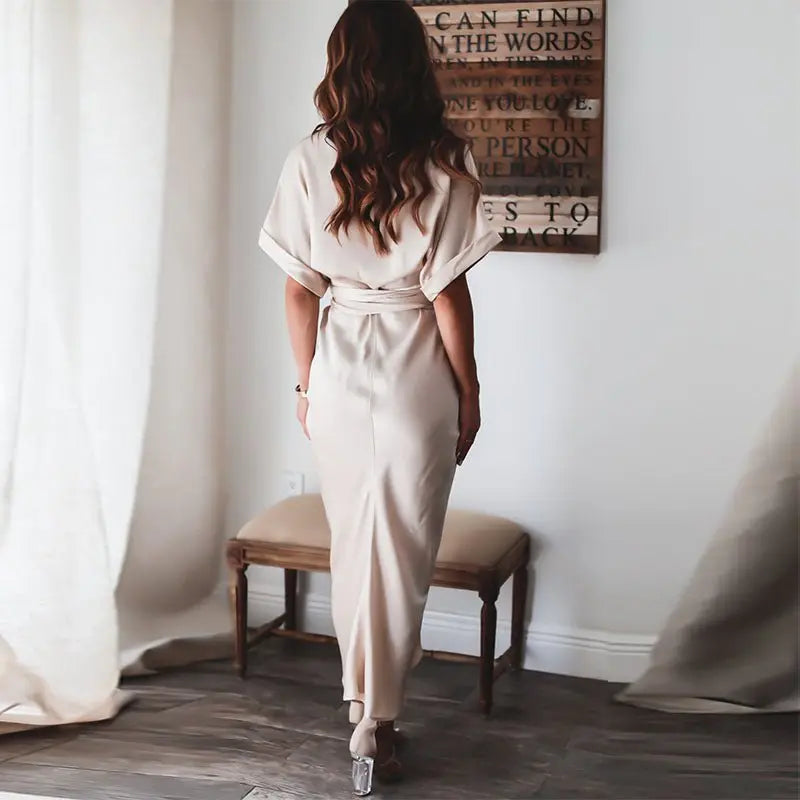 Women Summer Short Sleeve Slit Long Dress Turn-down Collar Elegant Button Draped Party Dresses - Blade & Thread