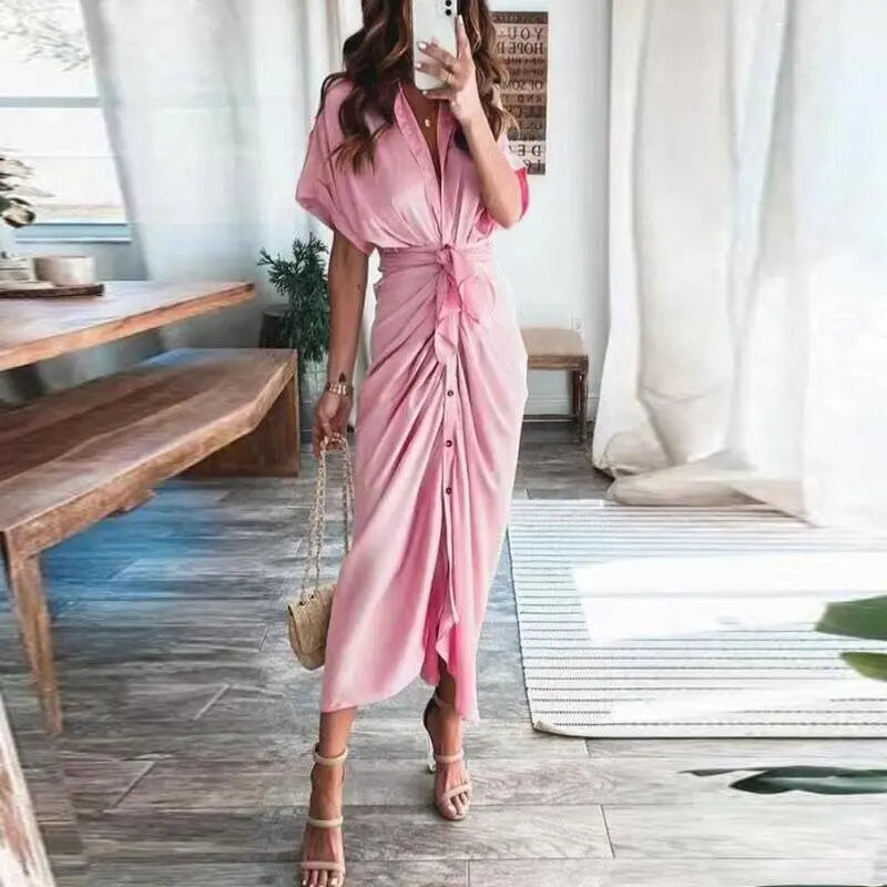 Women Summer Short Sleeve Slit Long Dress Turn-down Collar Elegant Button Draped Party Dresses - Blade & Thread
