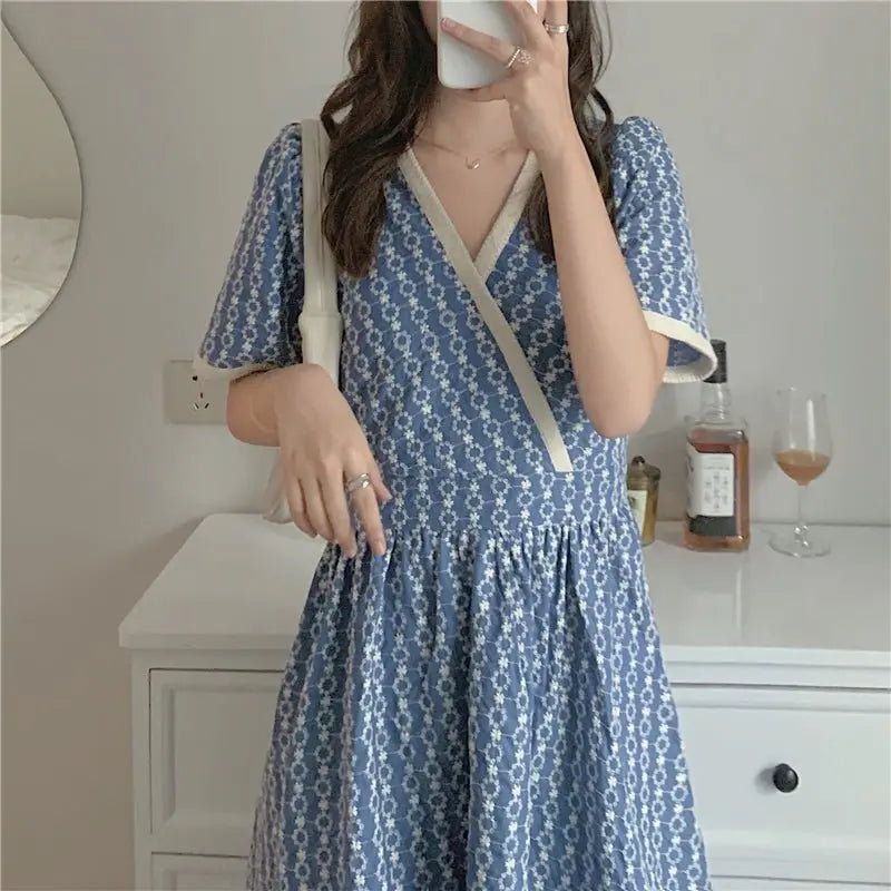Women Summer V Neck Jacquard Floral Long Dress High Waist Short Sleeve Exquisite Midi Dresses - Blade & Thread