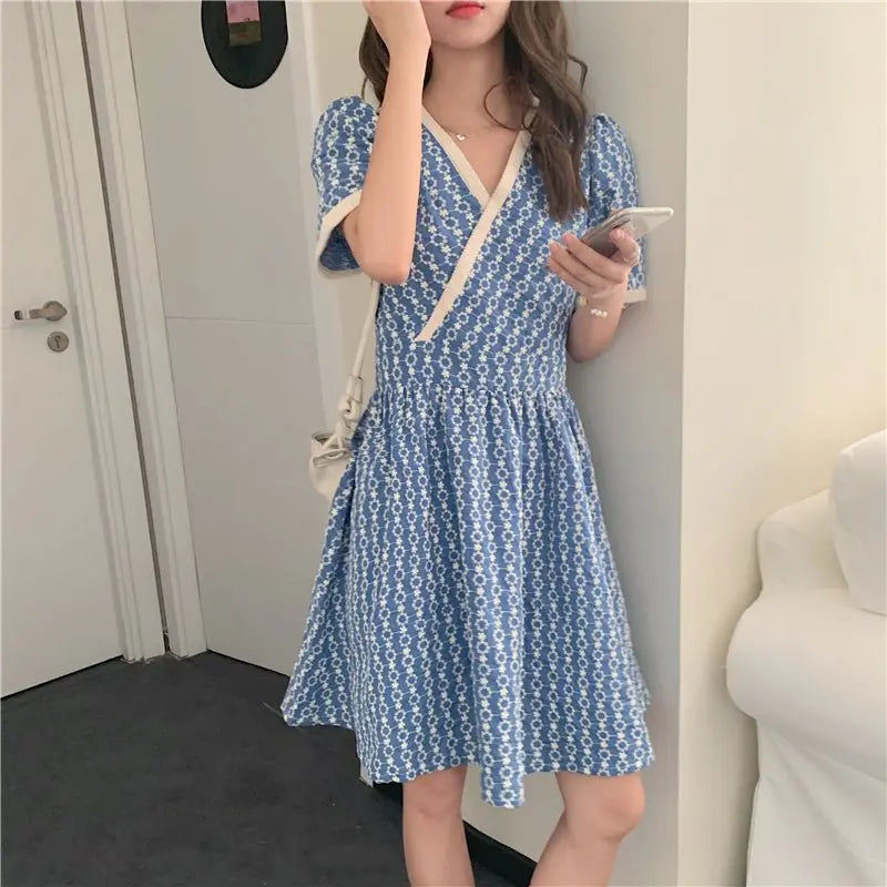 Women Summer V Neck Jacquard Floral Long Dress High Waist Short Sleeve Exquisite Midi Dresses nowadaysfashion