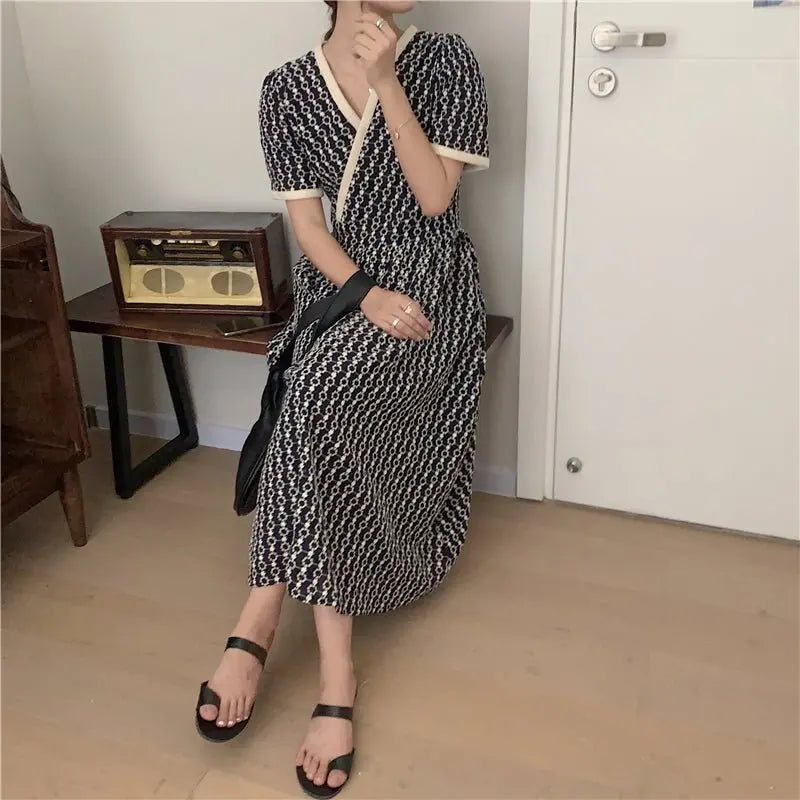 Women Summer V Neck Jacquard Floral Long Dress High Waist Short Sleeve Exquisite Midi Dresses - Blade & Thread