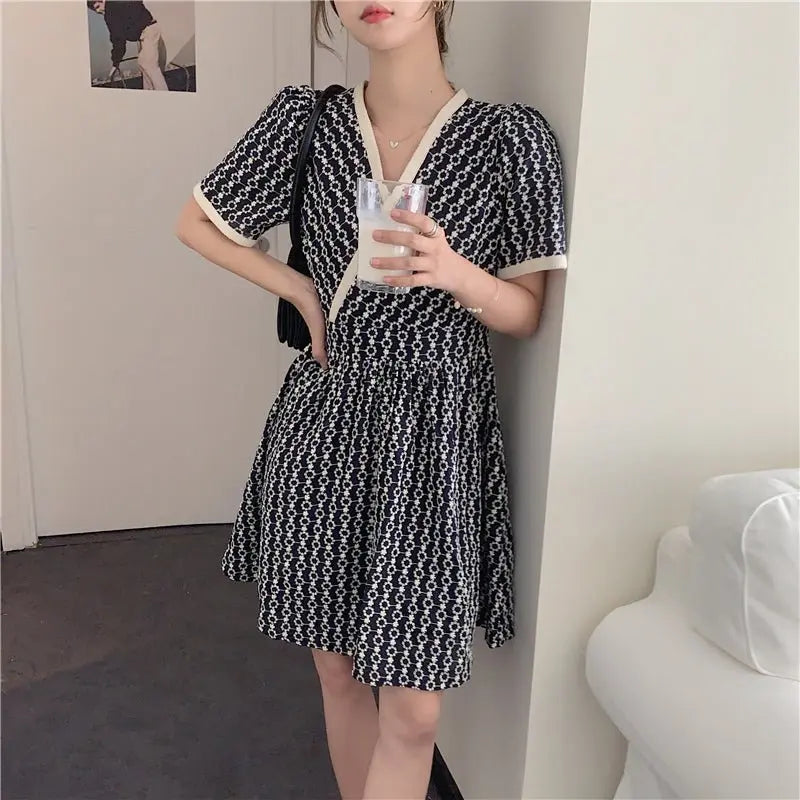 Women Summer V Neck Jacquard Floral Long Dress High Waist Short Sleeve Exquisite Midi Dresses nowadaysfashion