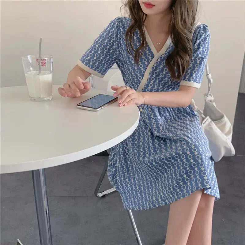 Women Summer V Neck Jacquard Floral Long Dress High Waist Short Sleeve Exquisite Midi Dresses - Blade & Thread