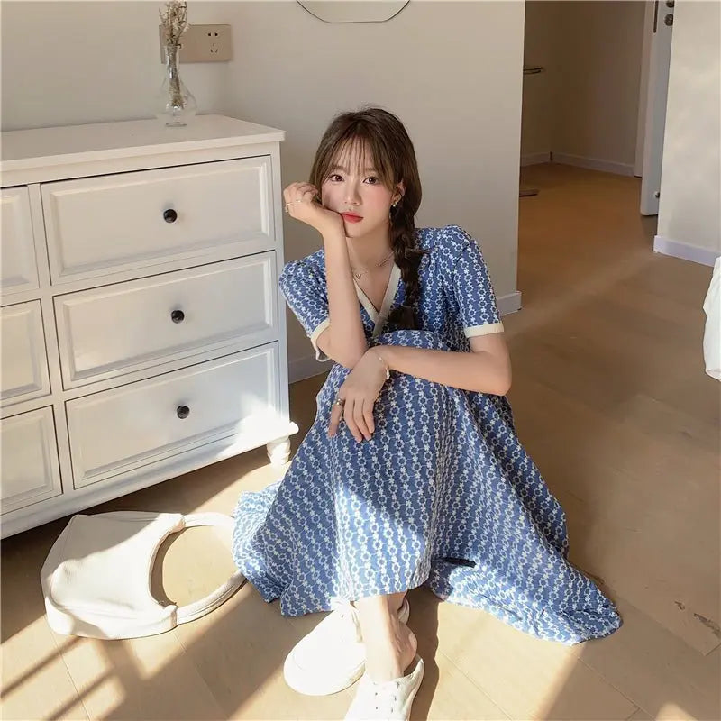 Women Summer V Neck Jacquard Floral Long Dress High Waist Short Sleeve Exquisite Midi Dresses - Blade & Thread