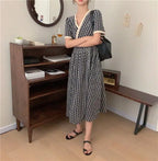 Women Summer V Neck Jacquard Floral Long Dress High Waist Short Sleeve Exquisite Midi Dresses nowadaysfashion