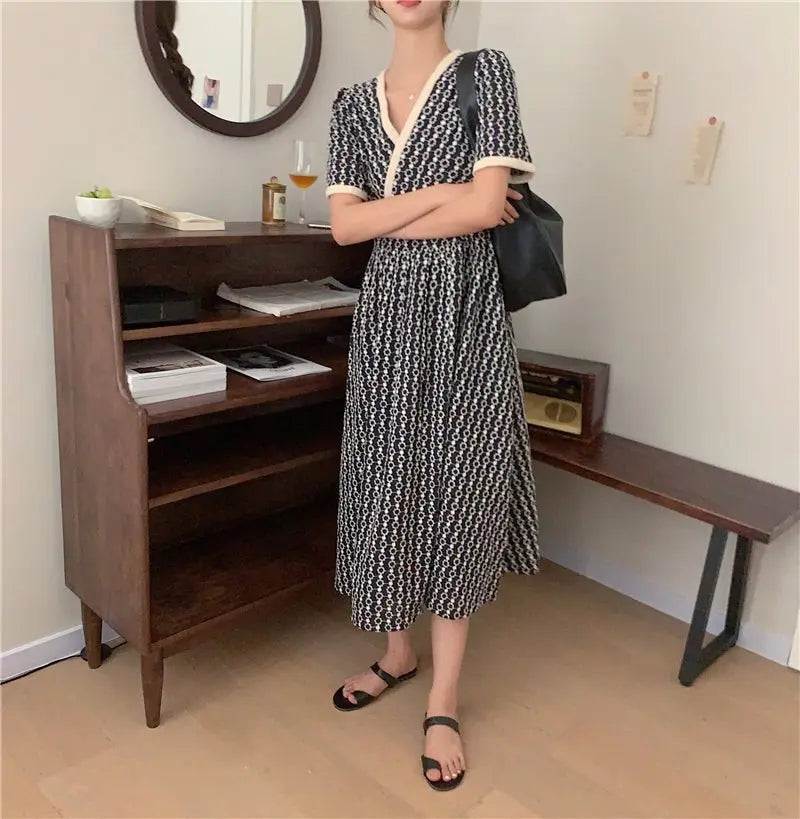 Women Summer V Neck Jacquard Floral Long Dress High Waist Short Sleeve Exquisite Midi Dresses nowadaysfashion