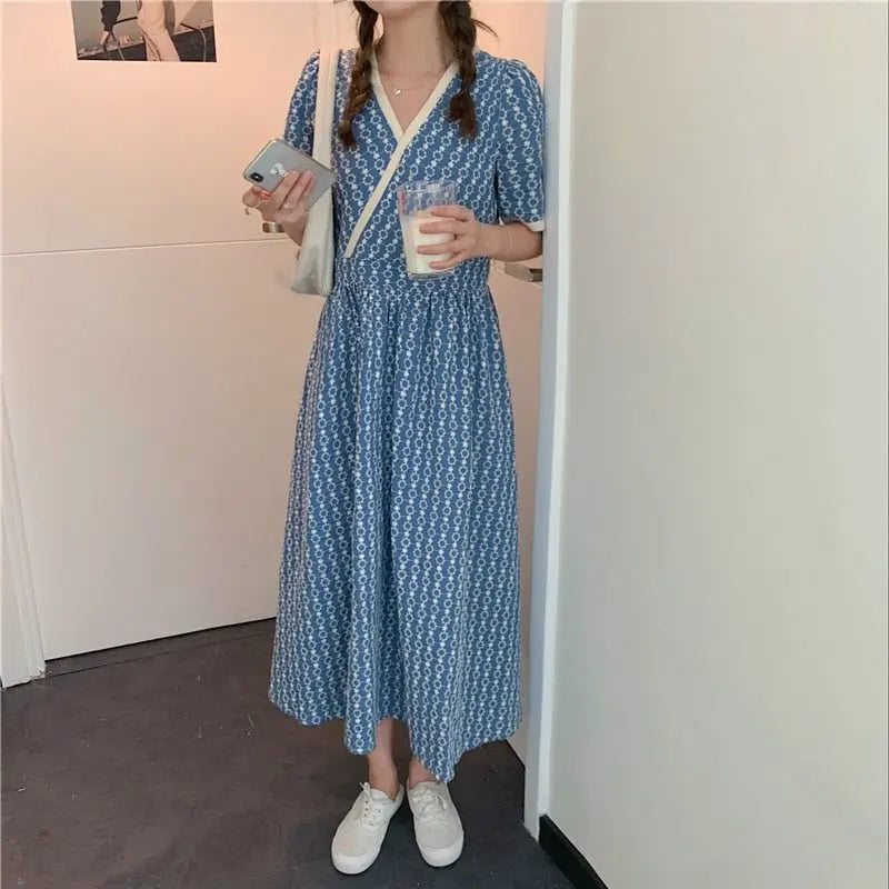 Women Summer V Neck Jacquard Floral Long Dress High Waist Short Sleeve Exquisite Midi Dresses nowadaysfashion