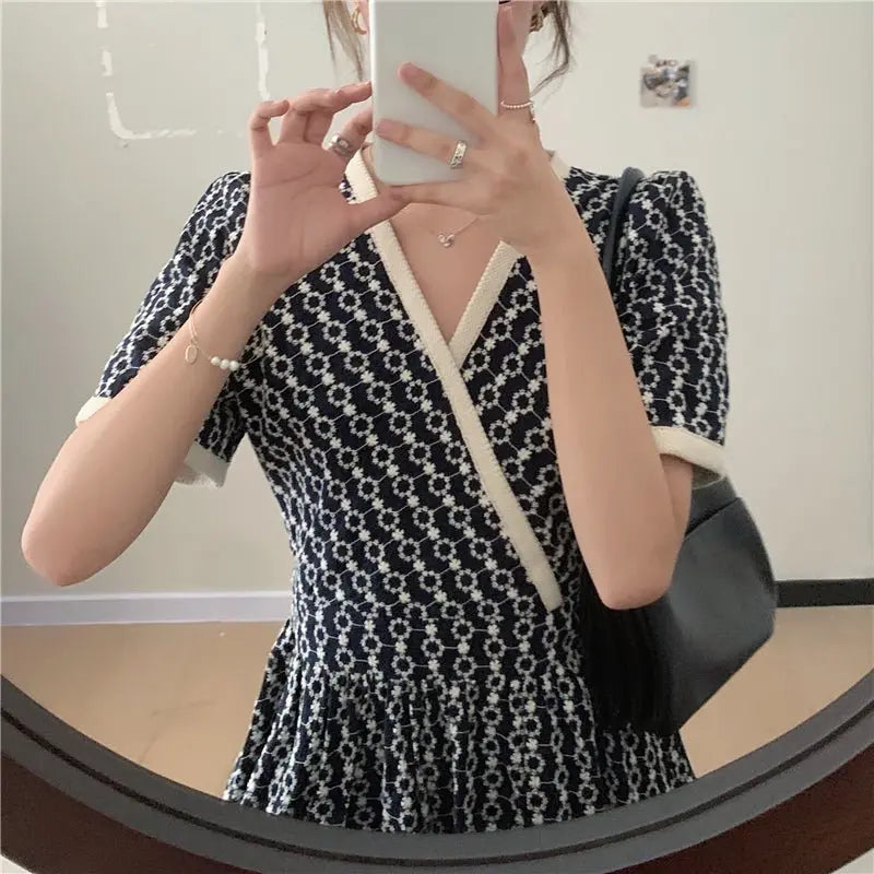 Women Summer V Neck Jacquard Floral Long Dress High Waist Short Sleeve Exquisite Midi Dresses - Blade & Thread