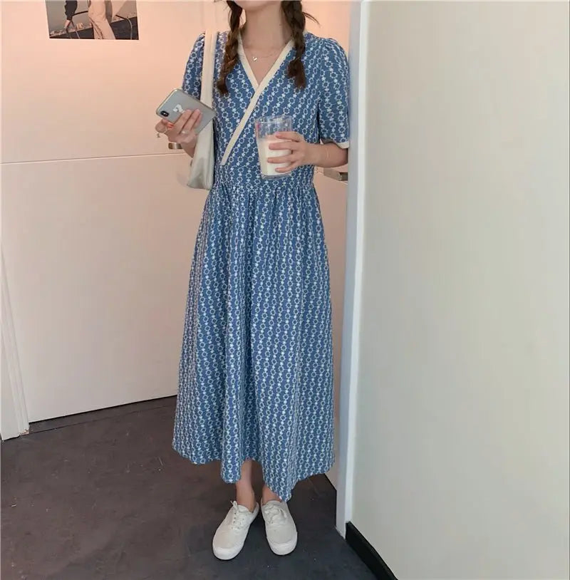 Women Summer V Neck Jacquard Floral Long Dress High Waist Short Sleeve Exquisite Midi Dresses - Blade & Thread
