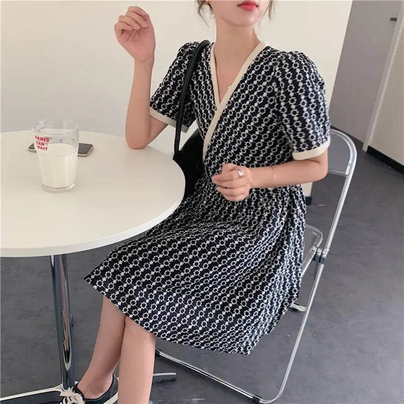 Women Summer V Neck Jacquard Floral Long Dress High Waist Short Sleeve Exquisite Midi Dresses - Blade & Thread