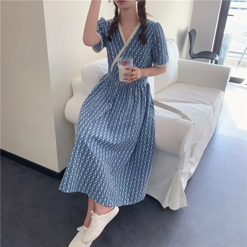 Women Summer V Neck Jacquard Floral Long Dress High Waist Short Sleeve Exquisite Midi Dresses - Blade & Thread