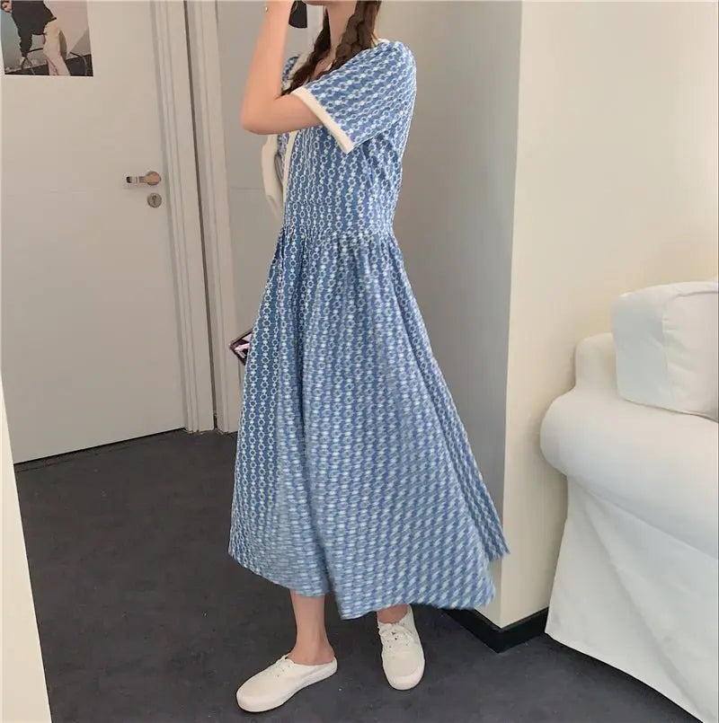 Women Summer V Neck Jacquard Floral Long Dress High Waist Short Sleeve Exquisite Midi Dresses - Blade & Thread