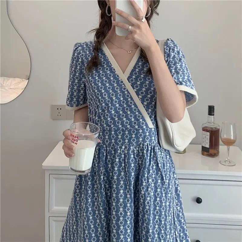 Women Summer V Neck Jacquard Floral Long Dress High Waist Short Sleeve Exquisite Midi Dresses - Blade & Thread