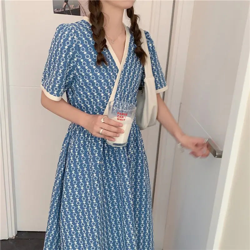 Women Summer V Neck Jacquard Floral Long Dress High Waist Short Sleeve Exquisite Midi Dresses nowadaysfashion