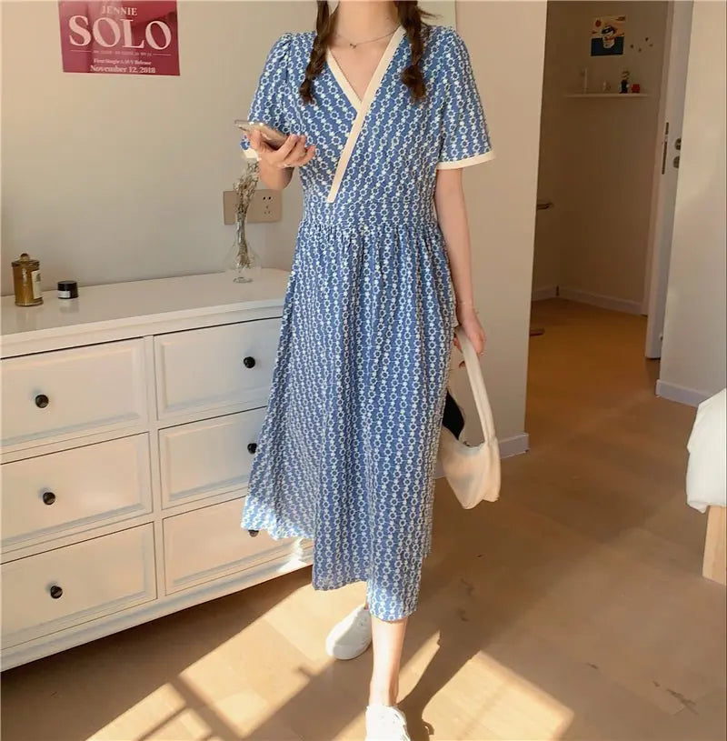 Women Summer V Neck Jacquard Floral Long Dress High Waist Short Sleeve Exquisite Midi Dresses - Blade & Thread