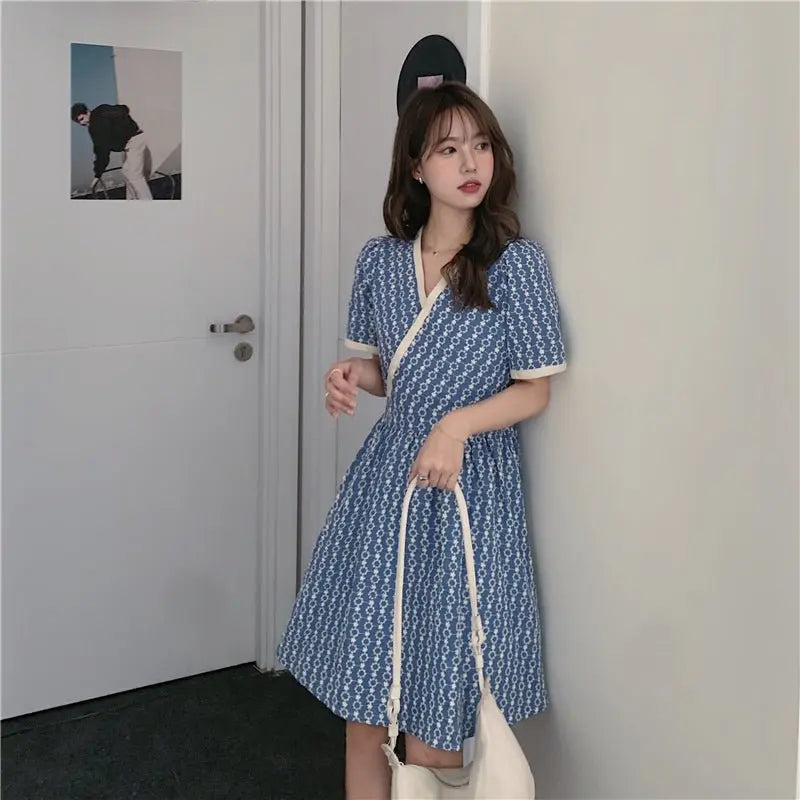 Women Summer V Neck Jacquard Floral Long Dress High Waist Short Sleeve Exquisite Midi Dresses - Blade & Thread