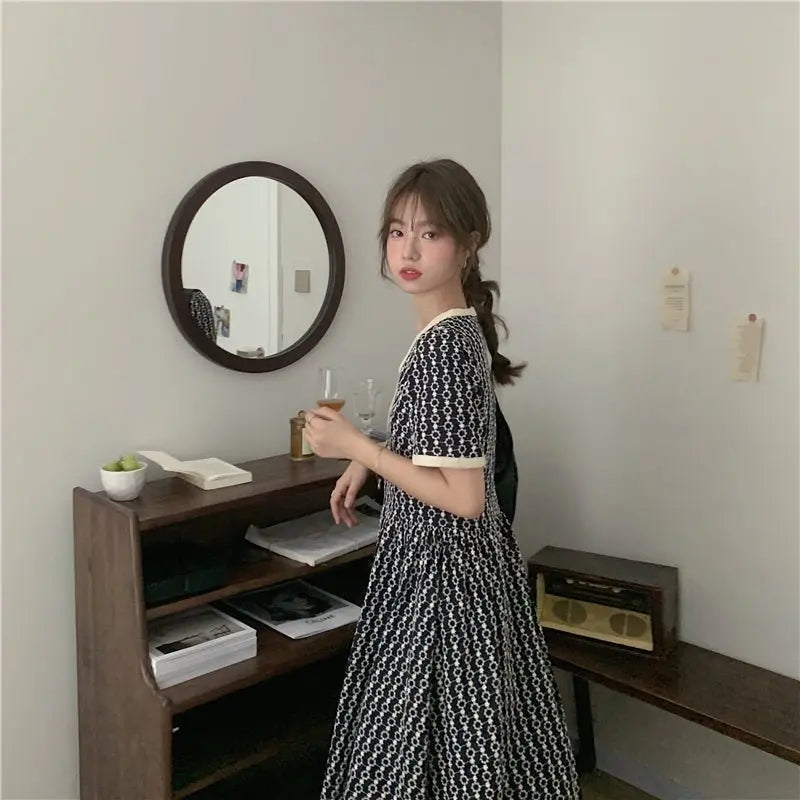 Women Summer V Neck Jacquard Floral Long Dress High Waist Short Sleeve Exquisite Midi Dresses nowadaysfashion