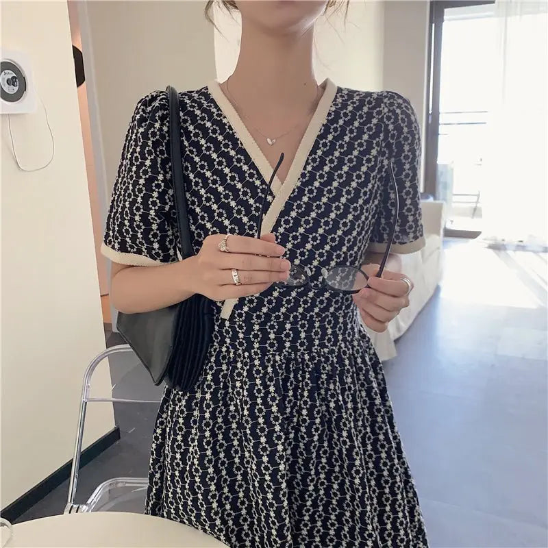 Women Summer V Neck Jacquard Floral Long Dress High Waist Short Sleeve Exquisite Midi Dresses - Blade & Thread