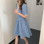 Women Summer V Neck Jacquard Floral Long Dress High Waist Short Sleeve Exquisite Midi Dresses nowadaysfashion