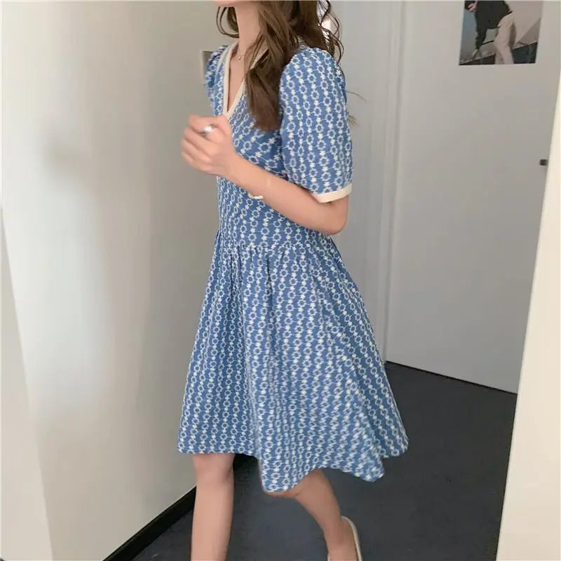 Women Summer V Neck Jacquard Floral Long Dress High Waist Short Sleeve Exquisite Midi Dresses - Blade & Thread