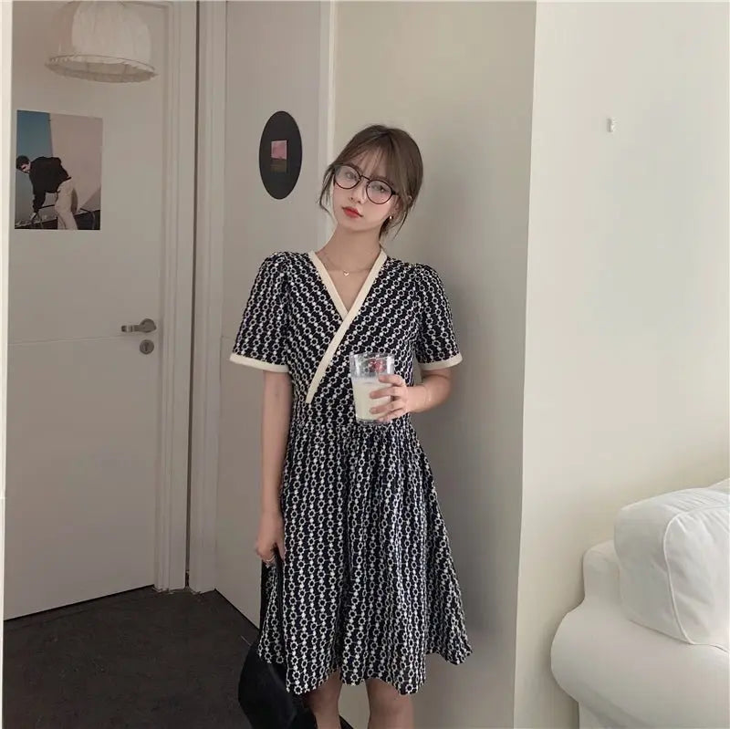 Women Summer V Neck Jacquard Floral Long Dress High Waist Short Sleeve Exquisite Midi Dresses - Blade & Thread