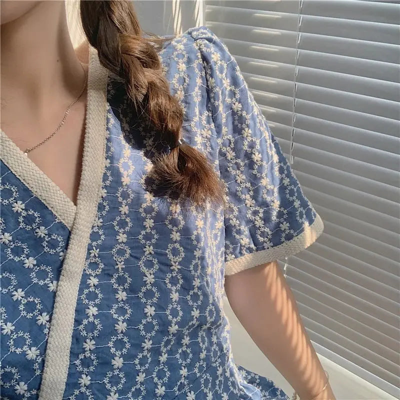 Women Summer V Neck Jacquard Floral Long Dress High Waist Short Sleeve Exquisite Midi Dresses nowadaysfashion